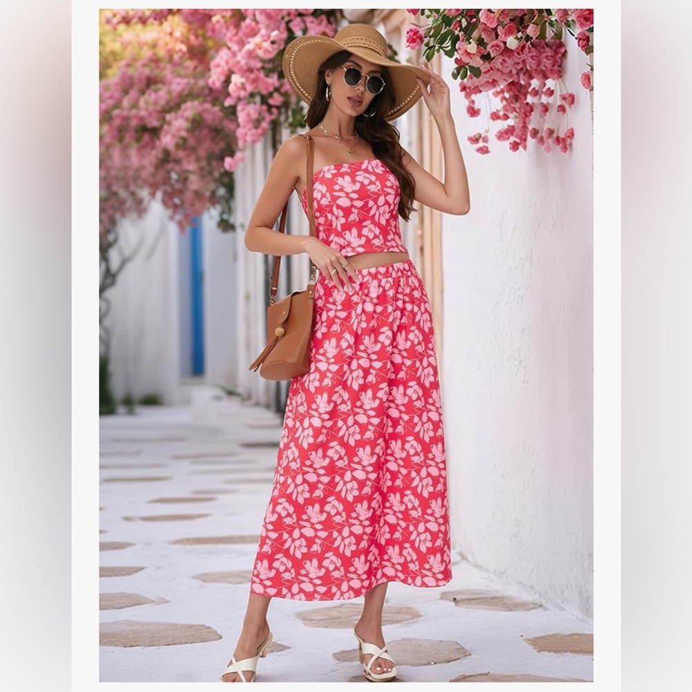 DRESSTELLS Womens Summer Maxi Skirt + Tube Top, Pink Floral Beach Boho Vibes Set